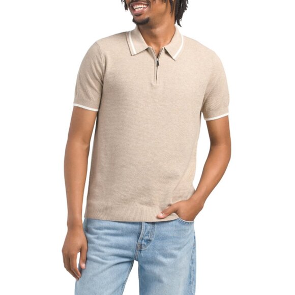 DANIEL HECHTER PARIS Oatmeal Heather Quarter Zip Polo With Tipping - Picture 1 of 2